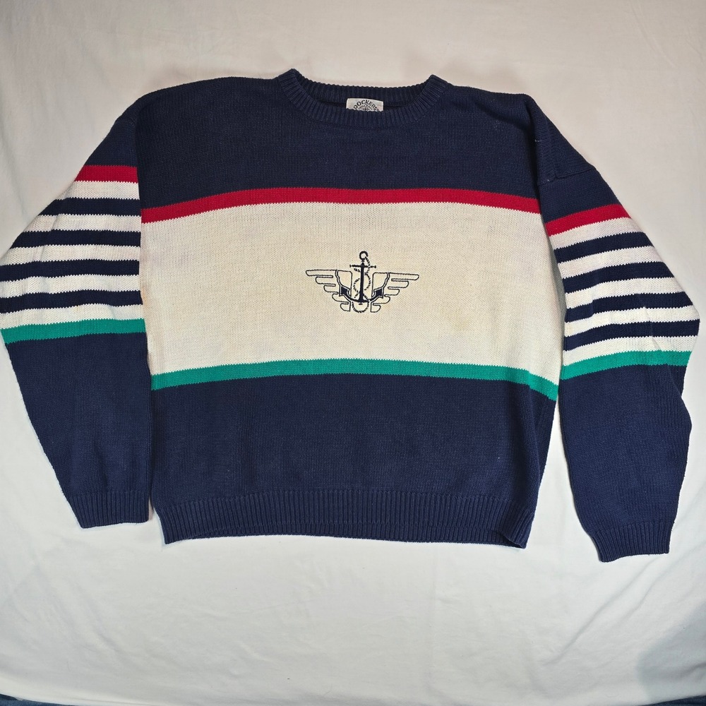 Vintage 1991 Dockers Levis Mens XL Nautical Knit Sweater‎ Navy White Linen Blend